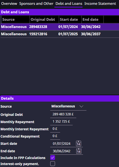 Selected debt with repayment details