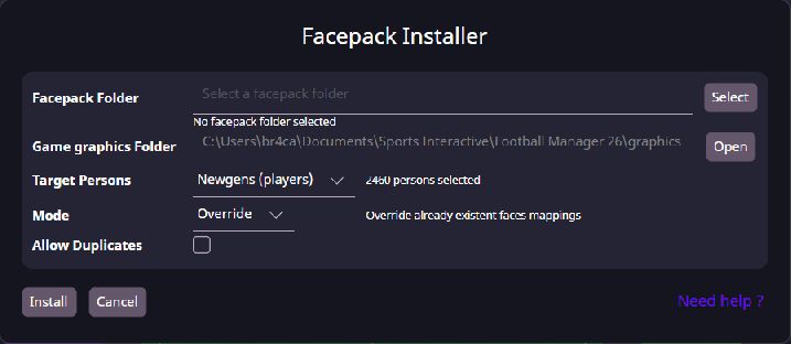 Facepack Installer with folder, person and mode choices