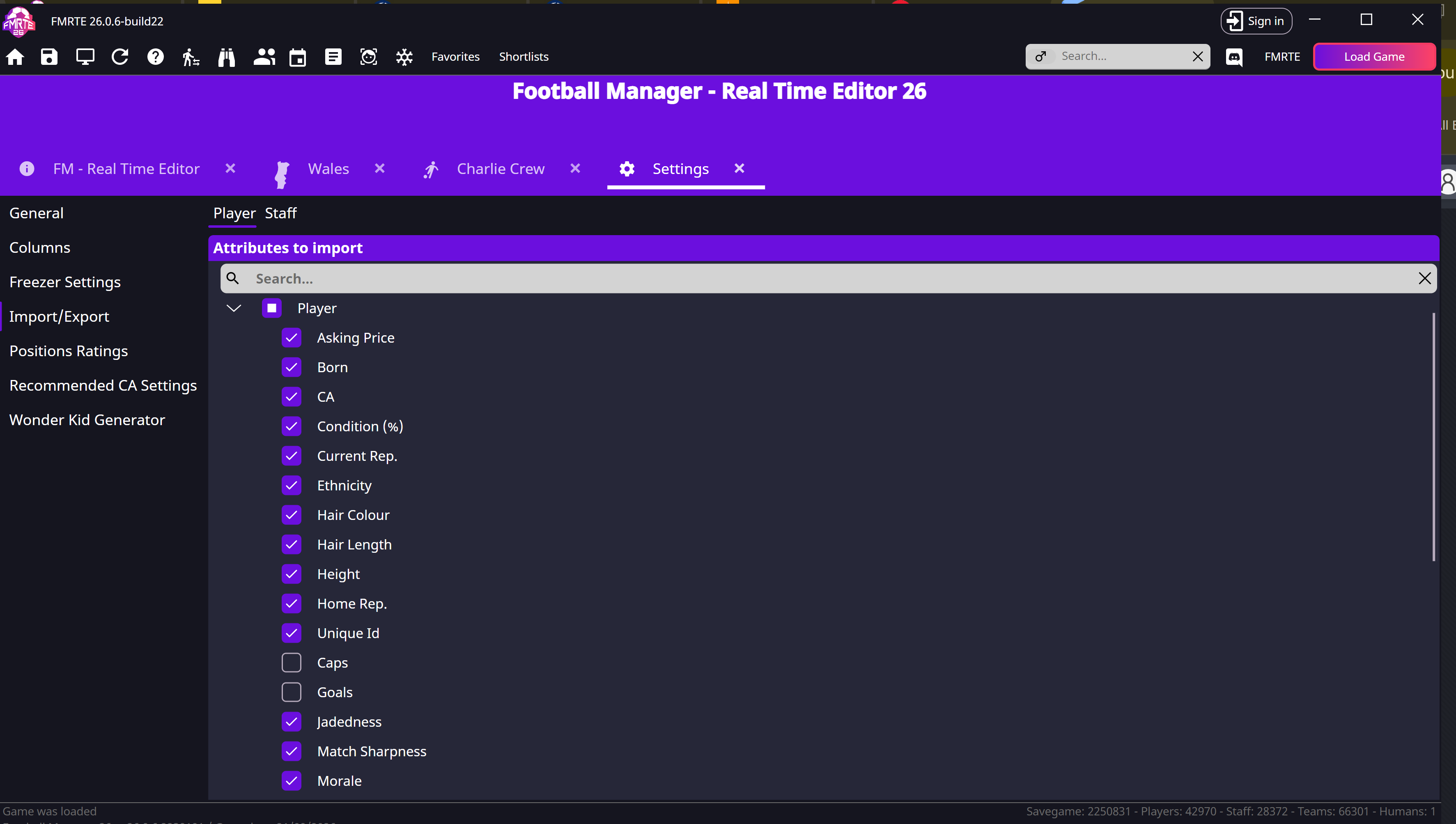 Import settings showing which player fields will be restored