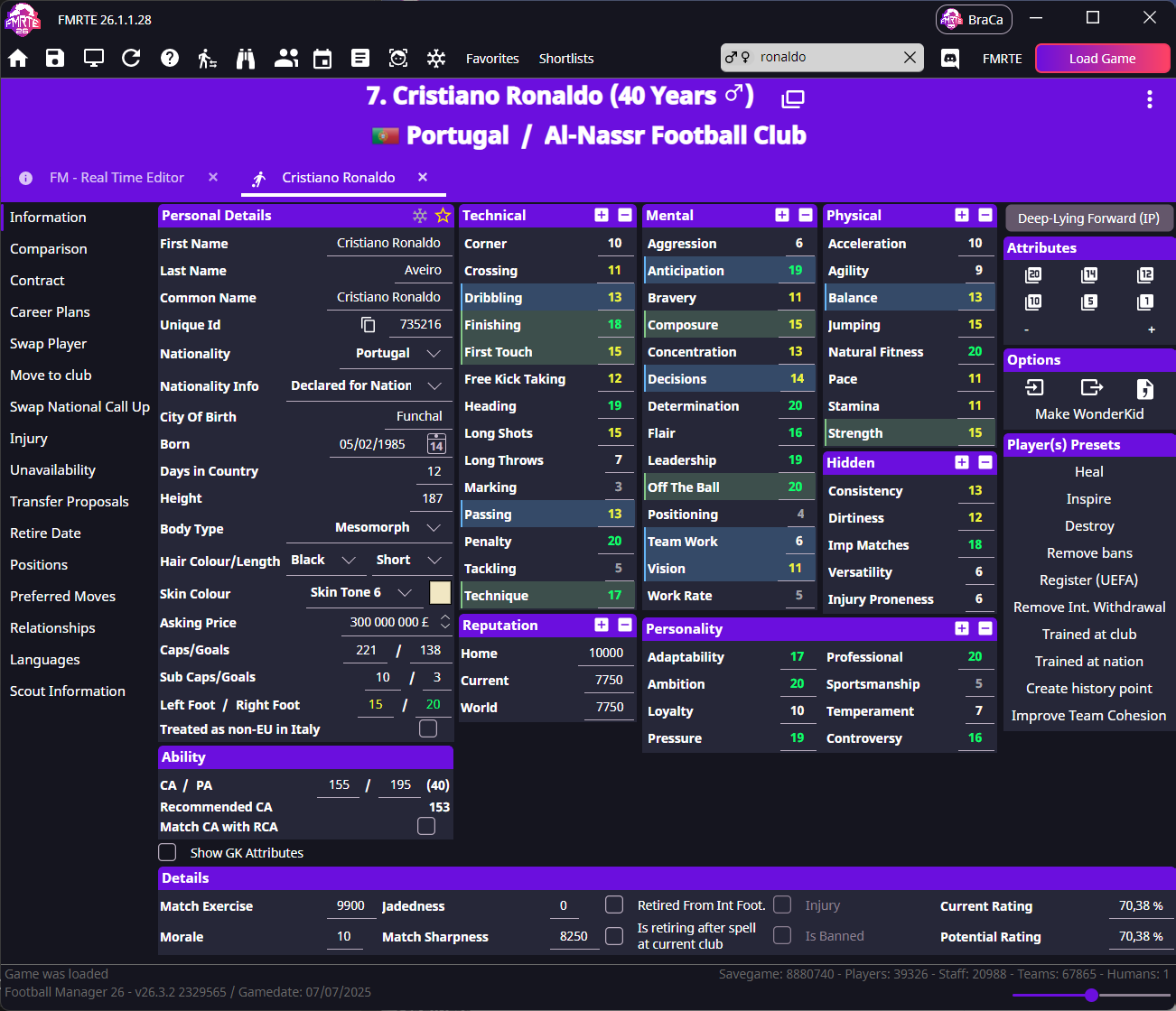 Player Information with the player tabs on the left