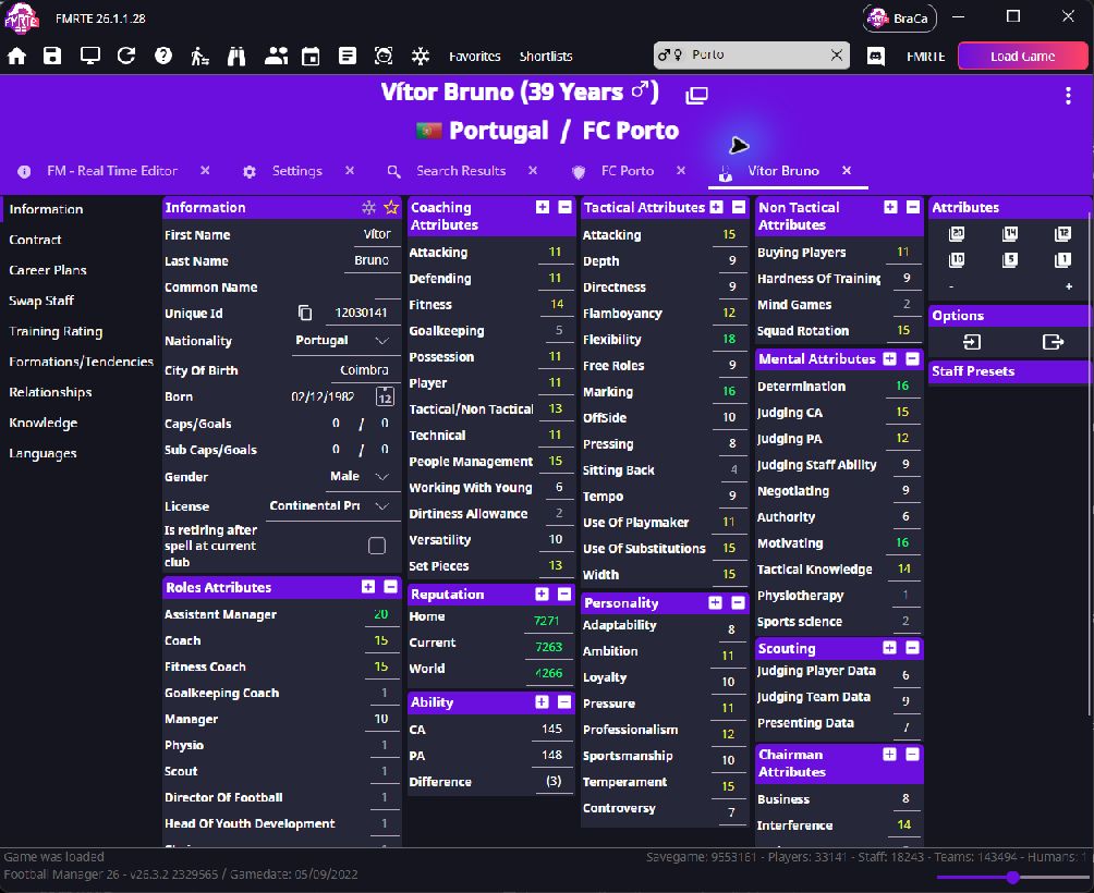 Staff profile with coaching, tactical and mental attributes
